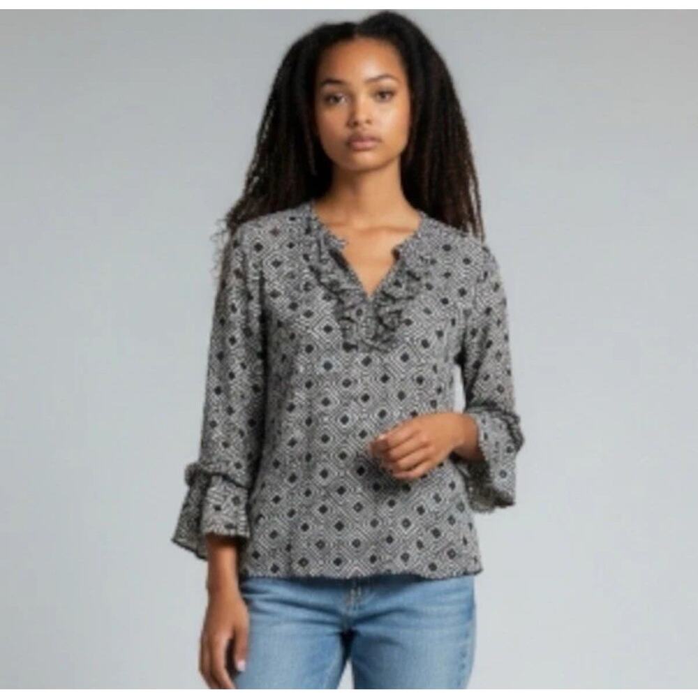 Tory Burch Gwenna Normandy Top Size 6 Blue Semi-Sheer Silk Blend Blouse Boho